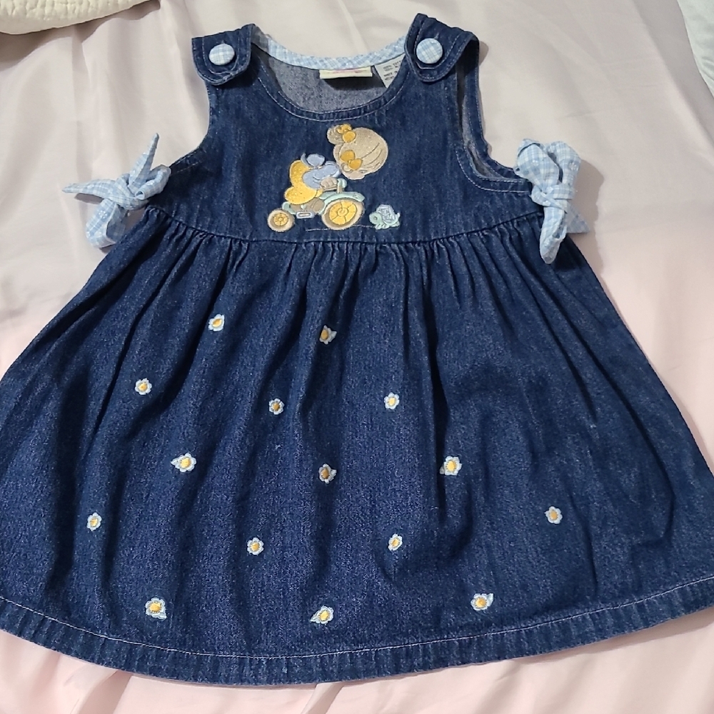 Denim Blue Kids Dress with Bear Embroidery